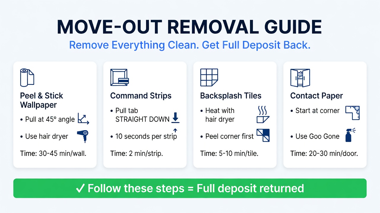 Warning graphic showing six rental 
decorating products and mistakes that 
commonly cause security deposit loss 
including cheap LED strips, generic 
mounting tape, and budget wallpape