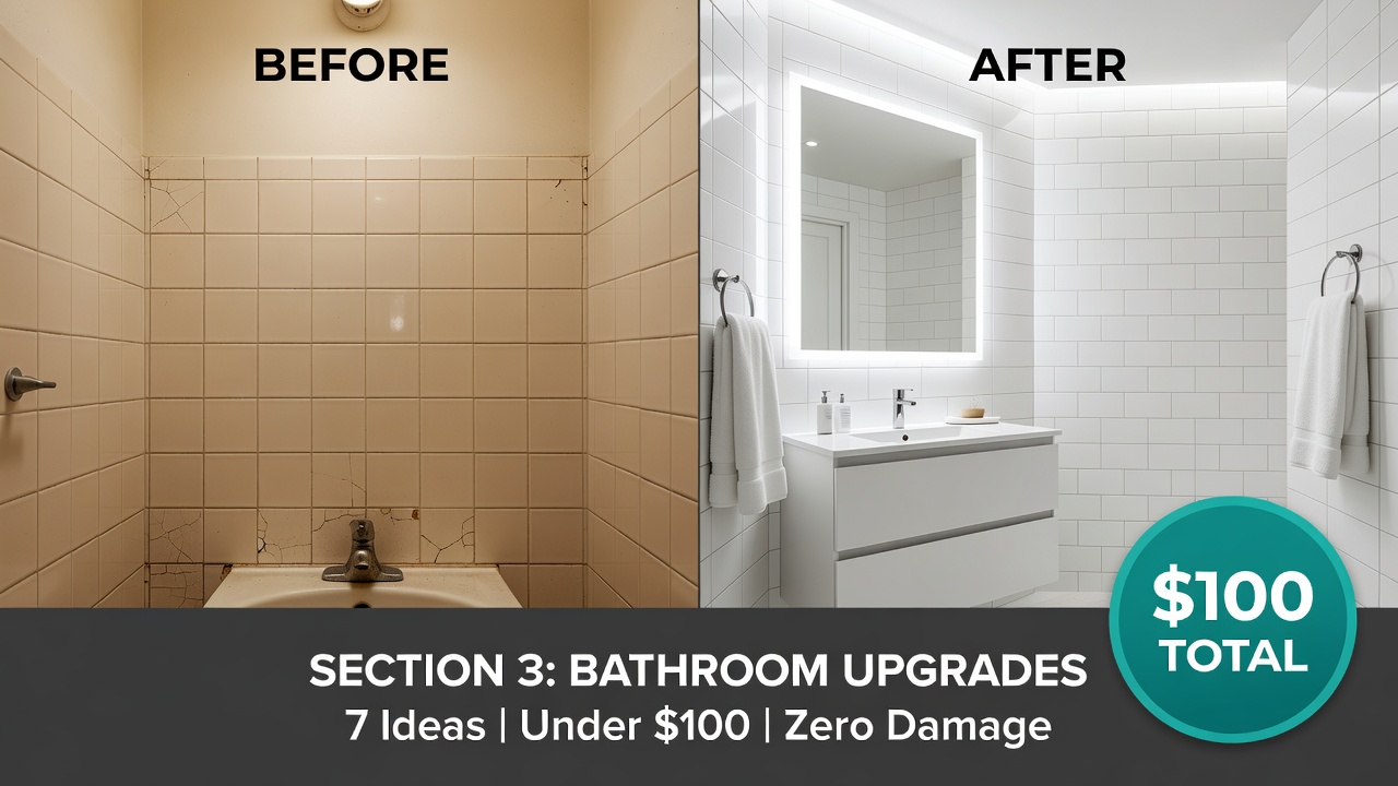 Before and after rental bathroom 
transformation using peel and stick 
tiles and no-drill storage solutions 
under 100 dollars