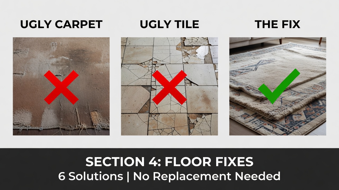 Before and after rental bathroom transformation using peel and stick tiles and no-drill storage solutions under 100 dollars