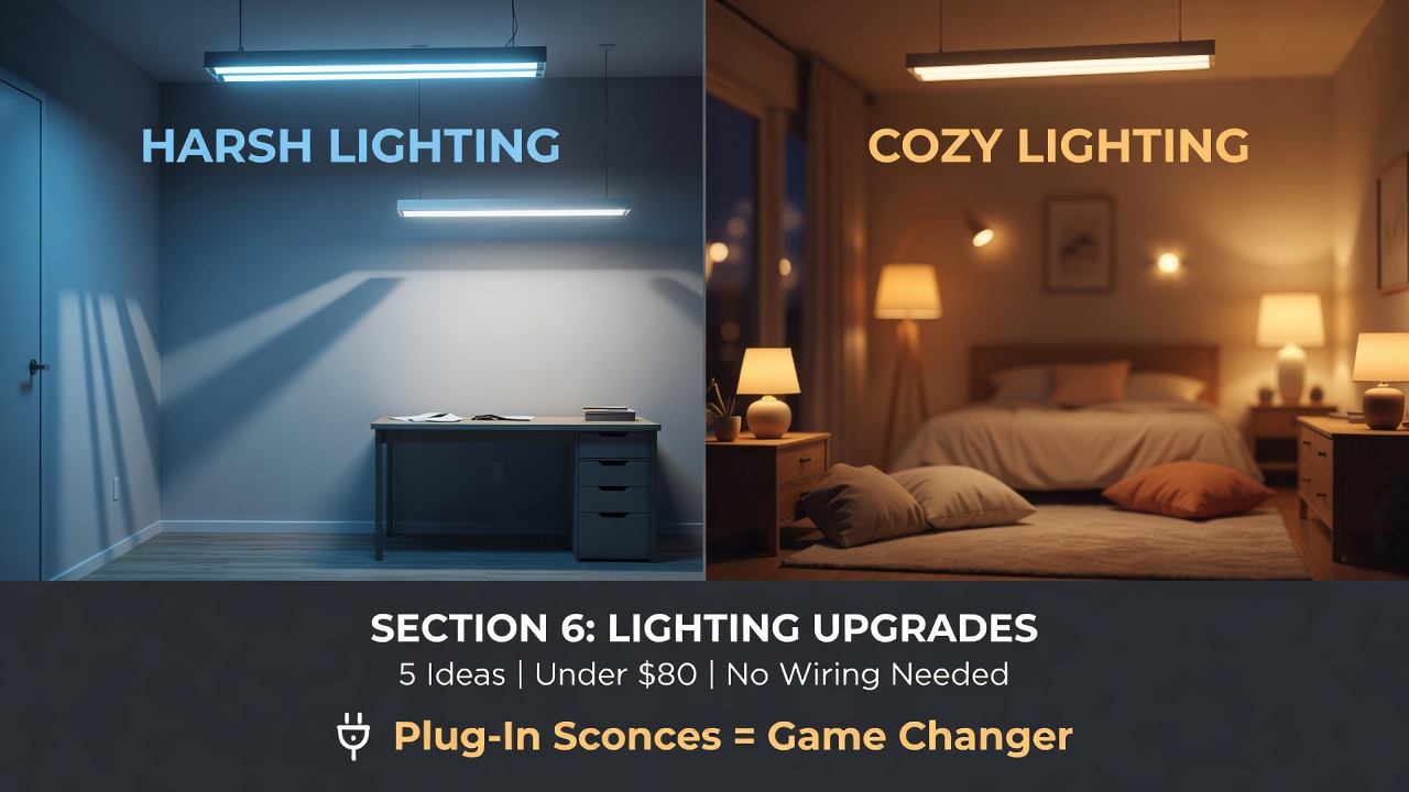 Side by side comparison of harsh 
rental apartment overhead lighting 
versus warm cozy atmosphere created 
with plug-in wall sconces and floor 
lamps