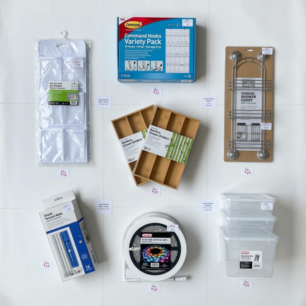 Complete shopping list of apartment essentials for renters with products and 
exact costs ranging from $8 to $60