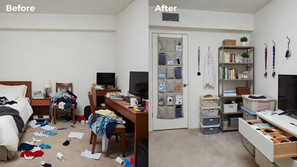 Before and after rental apartment transformation using damage-free organization 
essentials - same room, dramatically different organization