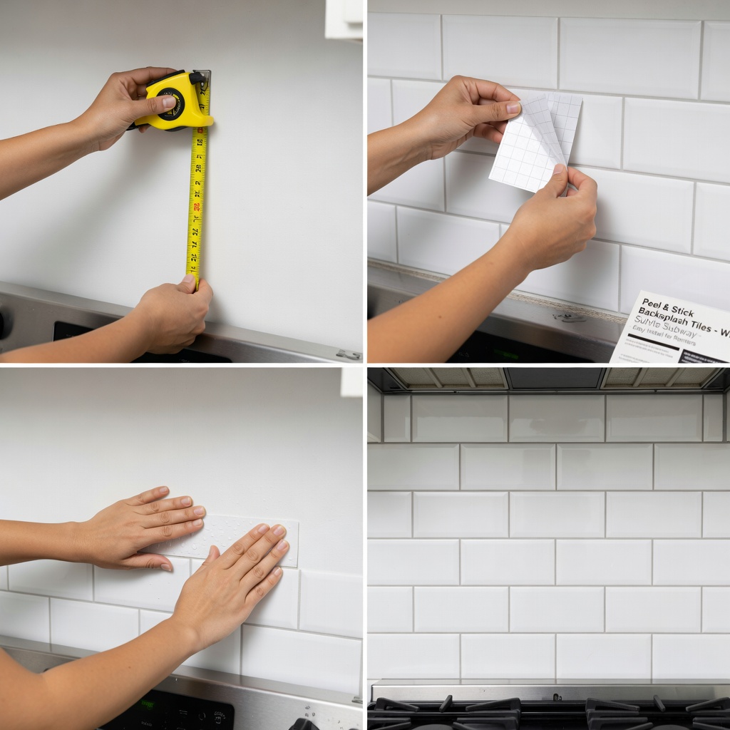 How to install peel and stick backsplash in rental kitchen - step by step 
tutorial showing measuring, peeling, applying, and finished result