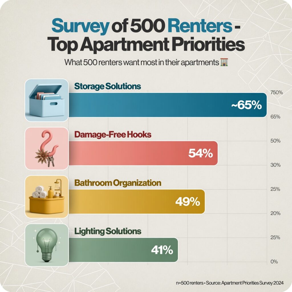 Survey results showing 500 renters say storage solutions (68%) and damage-free 
hooks (54%) are top apartment priorities