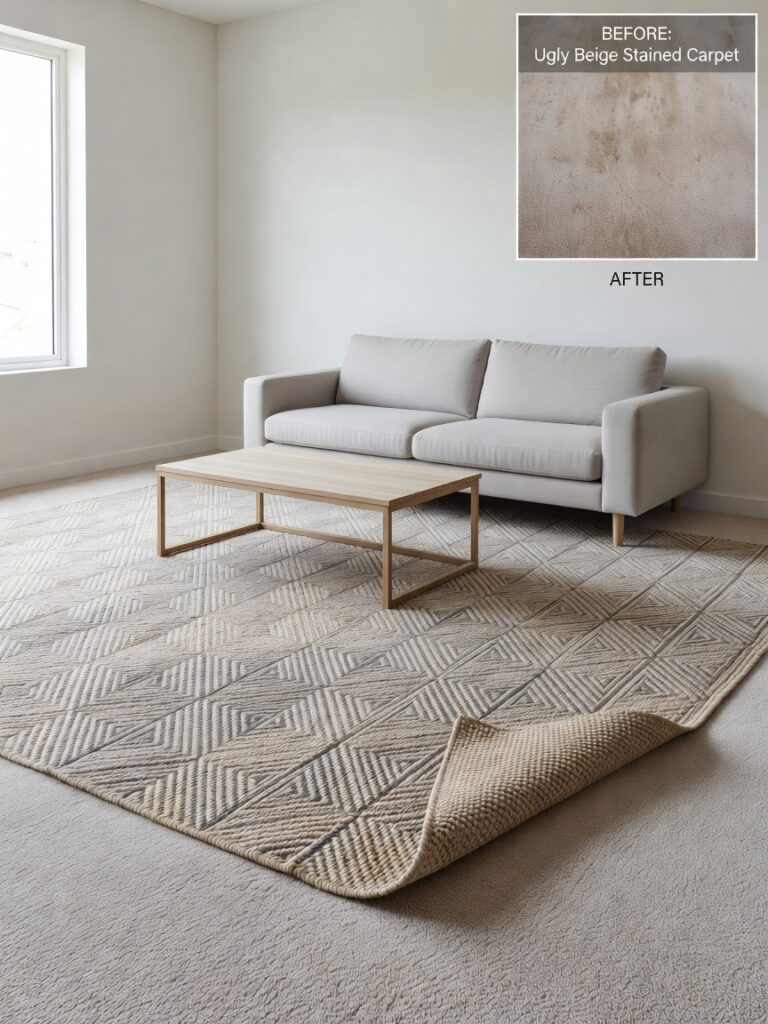 Large area rug covering ugly rental carpet in living room with proper sizing 
and non-slip rug pad underneath