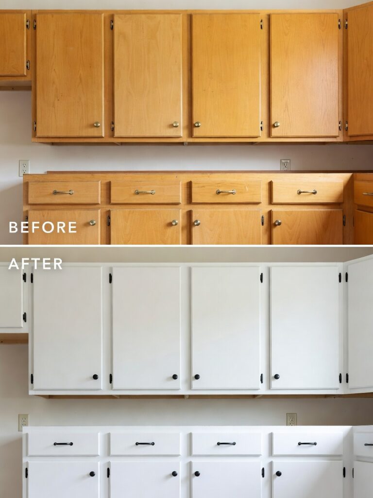 Before and after rental kitchen cabinets transformed with removable contact 
paper from dated oak to modern white with new hardware