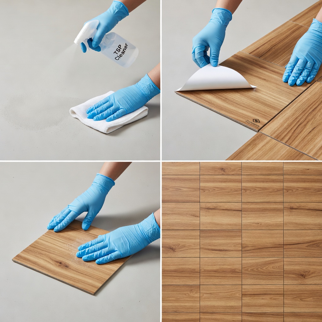 How to install peel and stick vinyl floor tiles in rental apartment - step by 
step tutorial showing cleaning, peeling, applying, and finished result