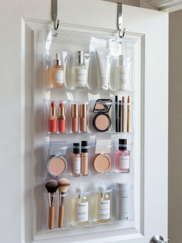 Over-door organizer in rental apartment bathroom providing damage-free storage 
for toiletries and makeup
