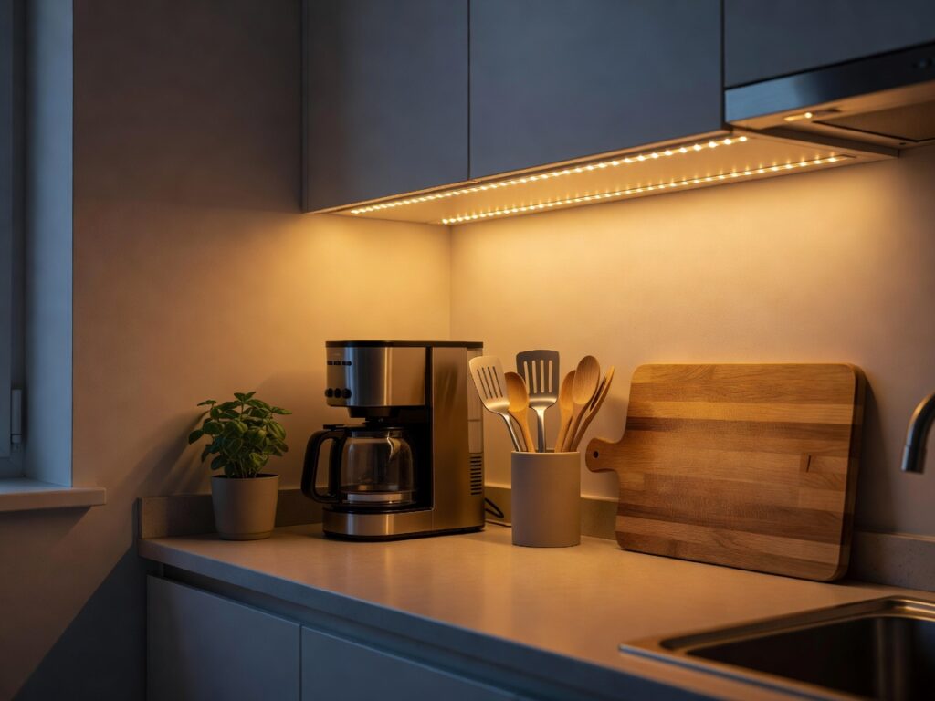 Under cabinet LED lighting in rental kitchen creating warm task lighting 
without hardwiring or wall damage