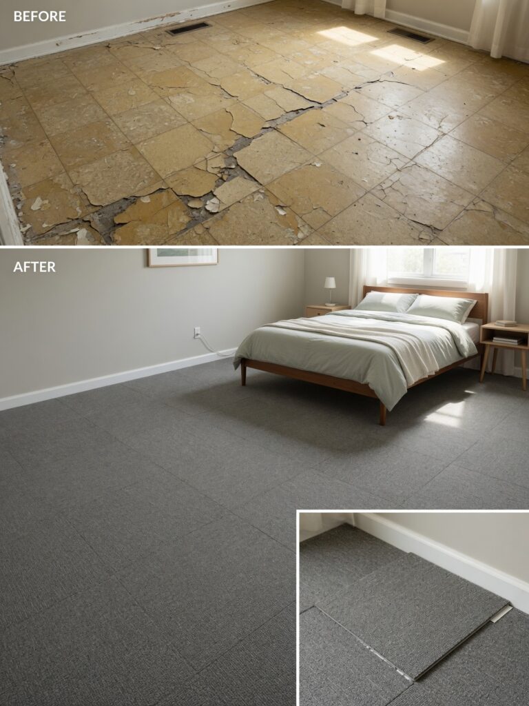 Removable carpet tiles covering ugly vinyl floor in rental bedroom - before and 
after transformation showing professional results