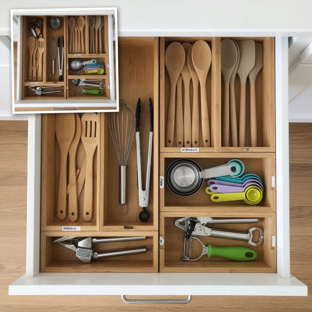 Overhead flat lay shot of organized kitchen drawer with bamboo or plastic 
expandable drawer dividers creating compartments. Drawer photographed from 
directly above (bird's eye view). Main image shows AFTER: neatly organized 
sections containing different utensils - one section with spatulas and 
wooden spoons, another with measuring spoons and cups, another with can 
opener and peeler, another with whisks and tongs. Everything in designated 
spots, satisfying organization. Small BEFORE photo inset in top left corner 
(20% of image size) showing same drawer messy, cluttered, utensils jumbled 
together, chaotic. Main drawer well-lit, bright clean aesthetic. White or 
light wood drawer interior. Bamboo natural-colored dividers or white plastic 
dividers clearly visible separating sections. Overhead flat lay photography 
style. Square 1:1 format for Instagram/Pinterest. Organizational before/after 
transformation.