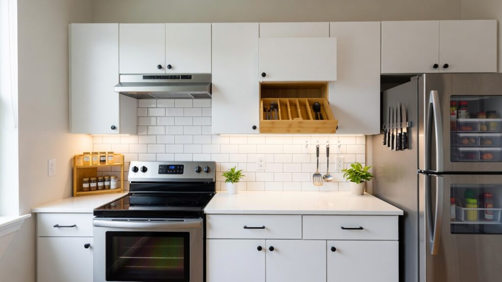 Complete rental kitchen makeover under $150 showing all 10 reversible upgrades 
installed together including backsplash, cabinets, lighting, and organization