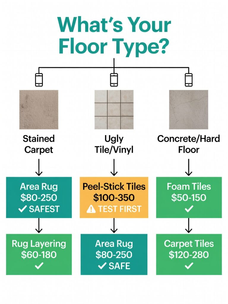 Decision guide flowchart for choosing rental floor covering method based on 
floor type, budget, and damage risk