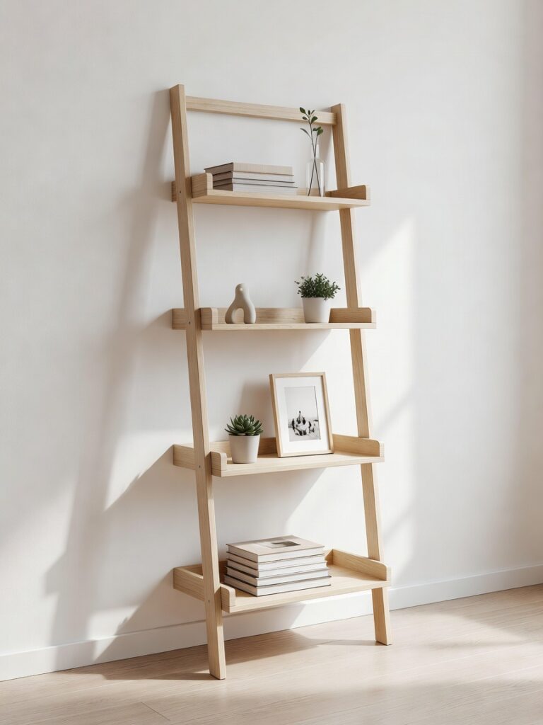 Freestanding ladder shelf in rental apartment providing storage and display 
without wall mounting or damage