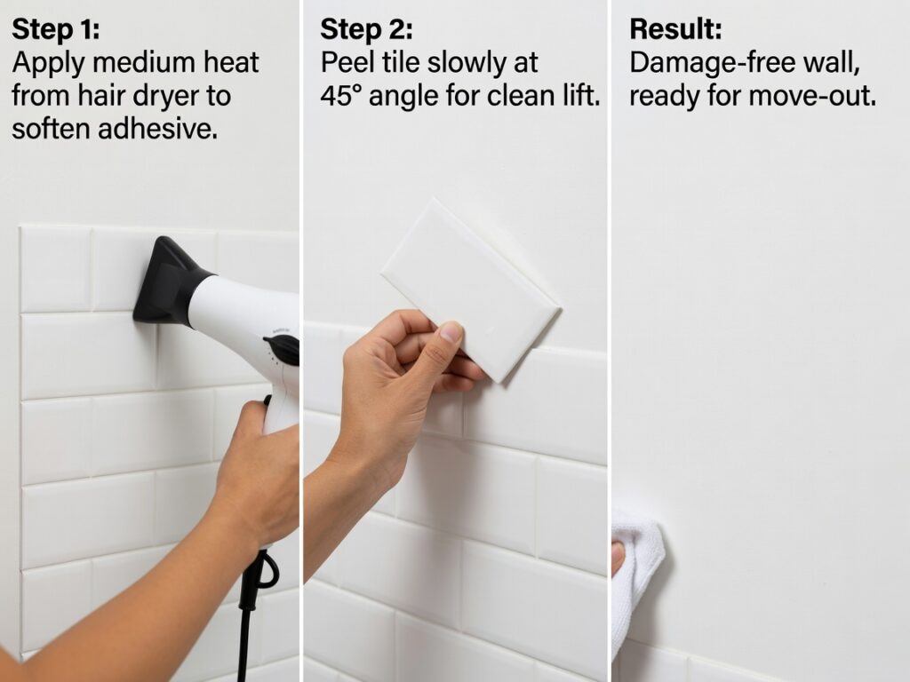 How to remove peel and stick backsplash from rental kitchen walls without 
damage - tutorial showing hair dryer warming and safe peeling technique
