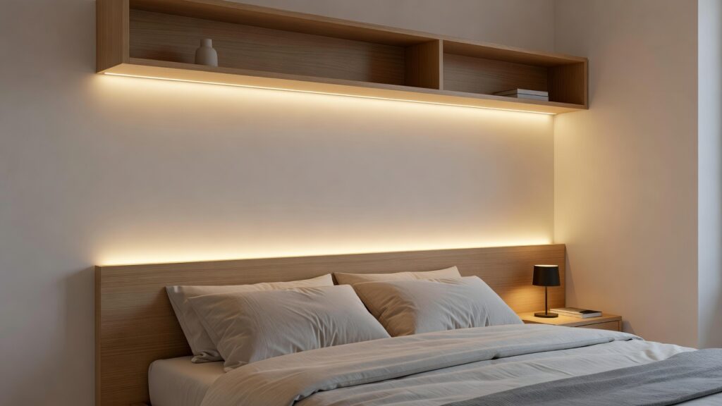 LED strip lights in rental apartment mounted on furniture (not walls) for 
damage-free ambient bedroom lighting