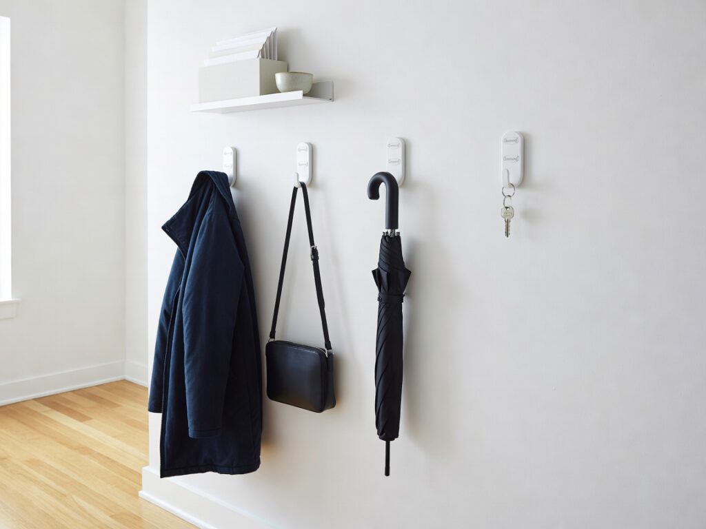 Command hooks creating damage-free entryway organization in rental apartment 
for coats, bags, and keys