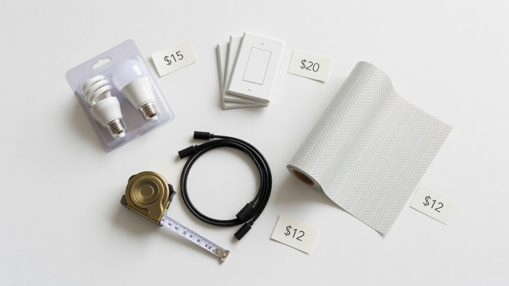 Budget supplies for making a rental feel like home including light bulbs and removable decor items