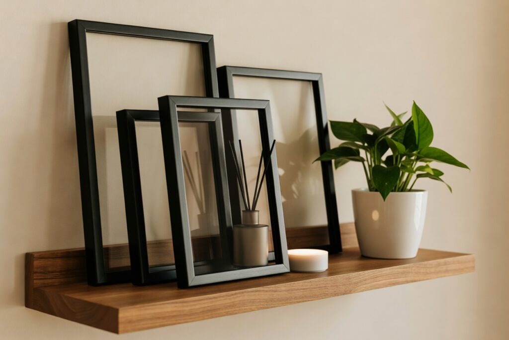 Rental-friendly shelf styling with leaning frames and removable lighting creating homey atmosphere