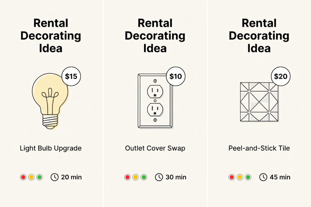 Cost and time comparison chart for budget rental decorating ideas showing damage risk levels

