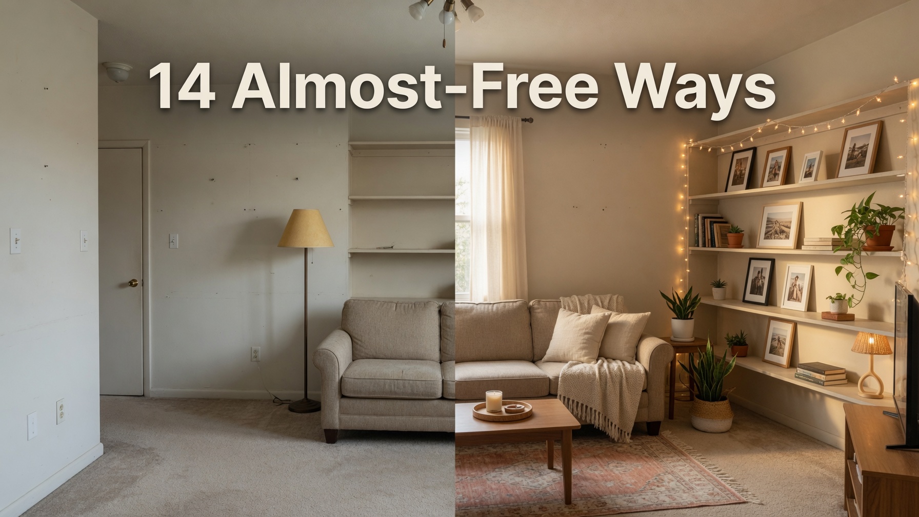 Before and after transformation of rental apartment living room using budget-friendly removable decor ideas