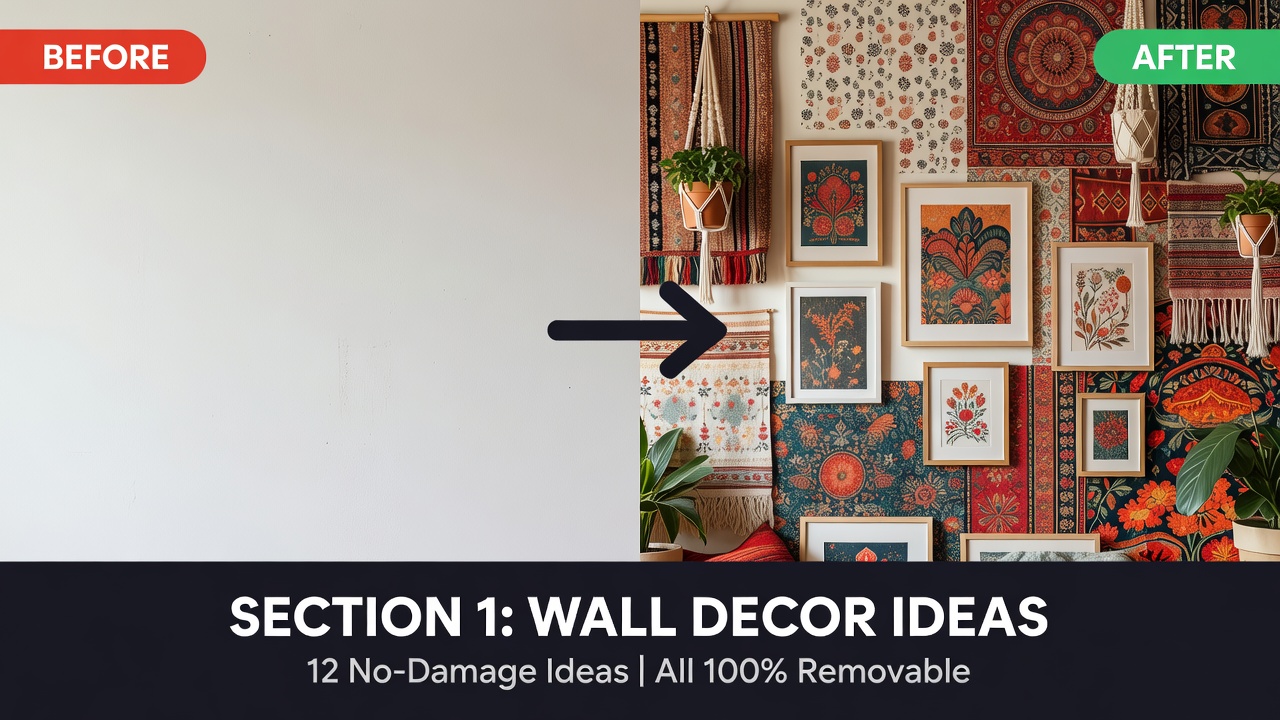 Before and after comparison showing plain white rental wall transformed with renter-friendly no-nail wall decor ideas