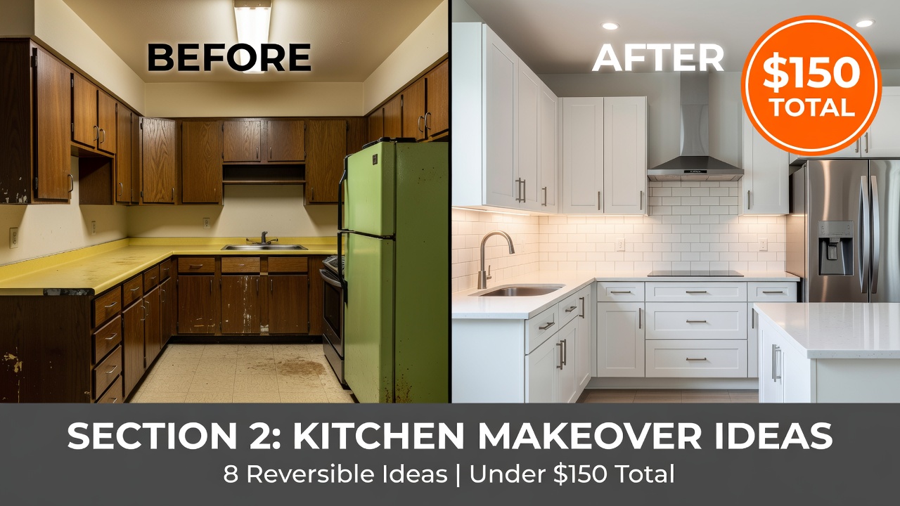 Before and after photos of rental kitchen makeover using peel and stick backsplash and contact paper cabinet cover costing under 150 dollars