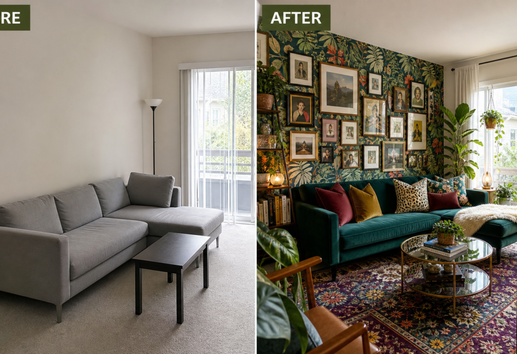 renter friendly maximalism ideas before and after vibrant room transformation