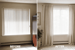 how to hang curtains over rental blinds before and after transformation